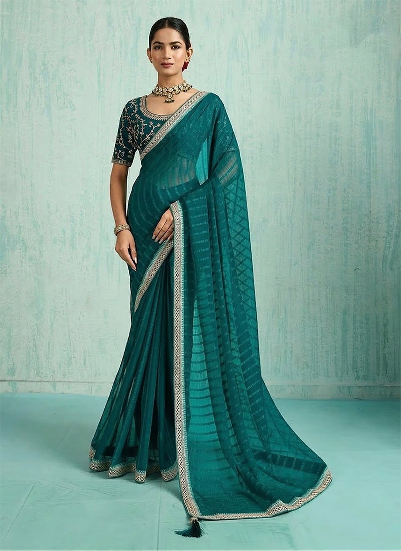 Teal Faux Chiffon Zari Embroidered Sequins Saree Festive Wear