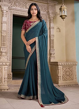 Teal Faux Georgette Embroidered Sequins Saree