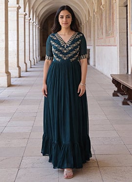 Teal Faux Georgette Sequins Embroidered Anarkali Gown Festive Wear