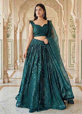 Teal Faux Georgette Sequins Embroidered Umbrella Lehenga