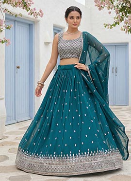 Teal Georgette Thread Embroidered And Sequins A Line Lehenga