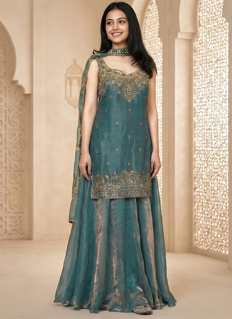 Teal Fendy Silk Zari Embroidered Sequins Palazzo Suit Festive Wear