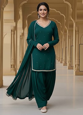 Teal Georgette Beads Hand Embrioidered Salwar Suit