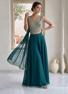 Teal Georgette Beads Hand Embroidered Indowestern Palazzo Set