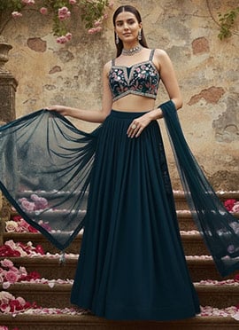 Teal Georgette Hand Embroidered Sequins Lehenga