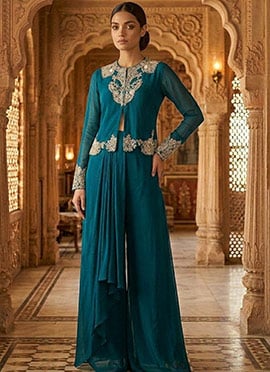 Teal Georgette Stones Sequins Beads Hand Embroidered Indowestern Palazzo Set