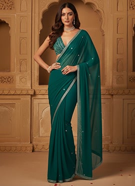 Teal Georgette Zari Hand Embroidered Sequins Saree