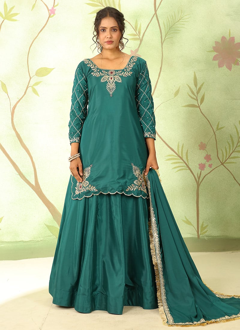 Teal Green Crepe Silk Zari Hand Embroidered Sequins With Beads Work Long Choli Lehenga Festive Wear