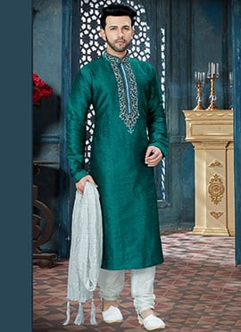 Teal Green Art Dupion Silk Embroidered Kurta Pyjam