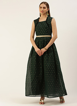 Teal Green Art Silk Cotton Jacquard Dress