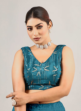 Teal Green Art Silk Embroidered V Neck Blouse