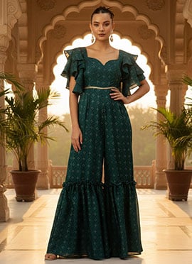 Teen Girls Teal Green Art Silk Foil Print Jumpsuit