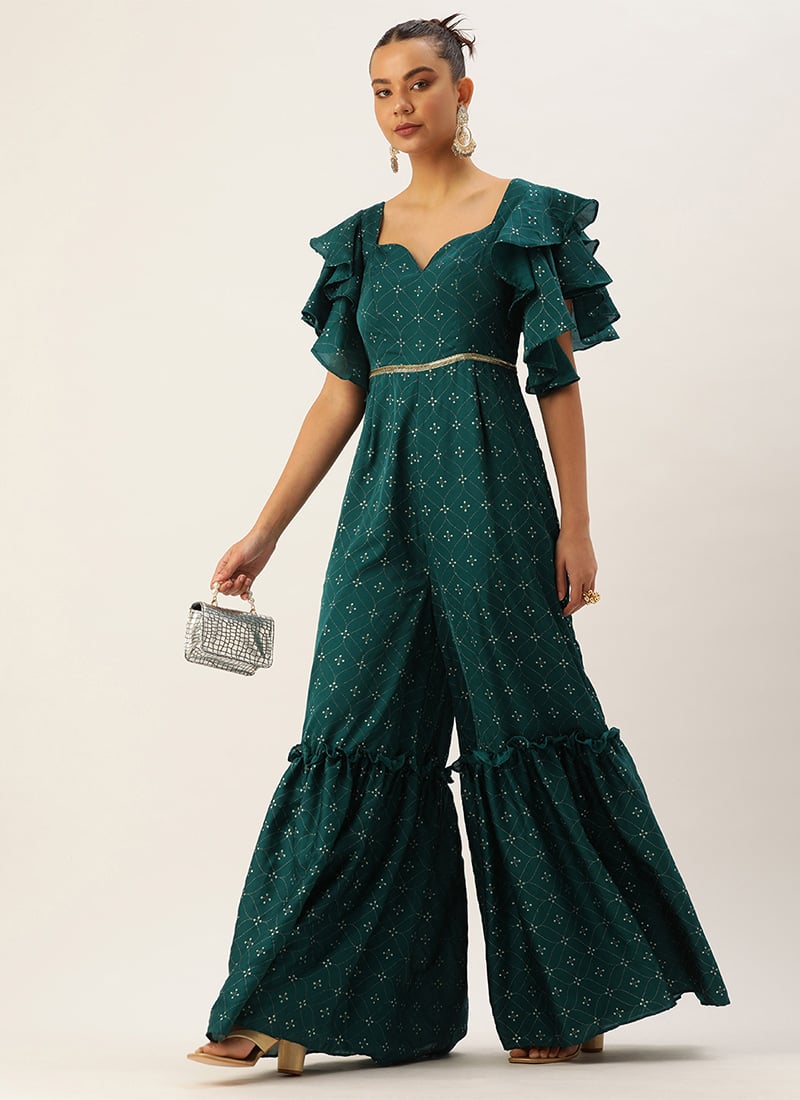 Teal Green Art Silk Foil Print Jumpsuit Festive Wear