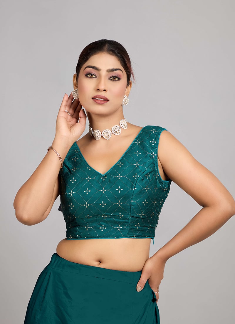 Teal Green Art Silk Foil Printed Blouse Festive Wear