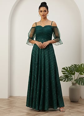 Teen Girls Teal Green Art Silk Foil Printed Maxi Dress