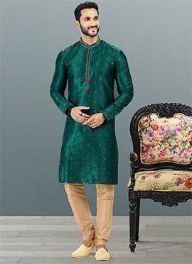 Teal Green Banarasi Silk Jacquard Work Kurta Pyjama