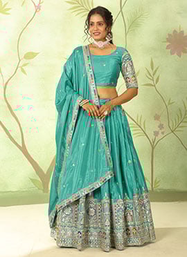Teal Green Chinon Embroidered Sequins Lehenga