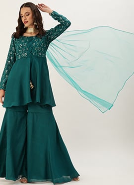 Teal Green Embroidered Gharara Set