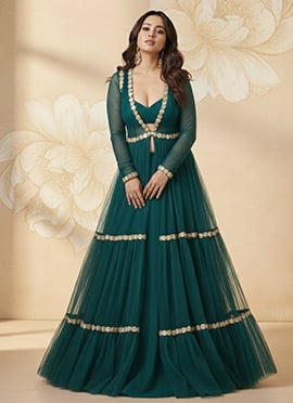 Teal Green Faux Georgette Ready Lace Work Indowestern Set