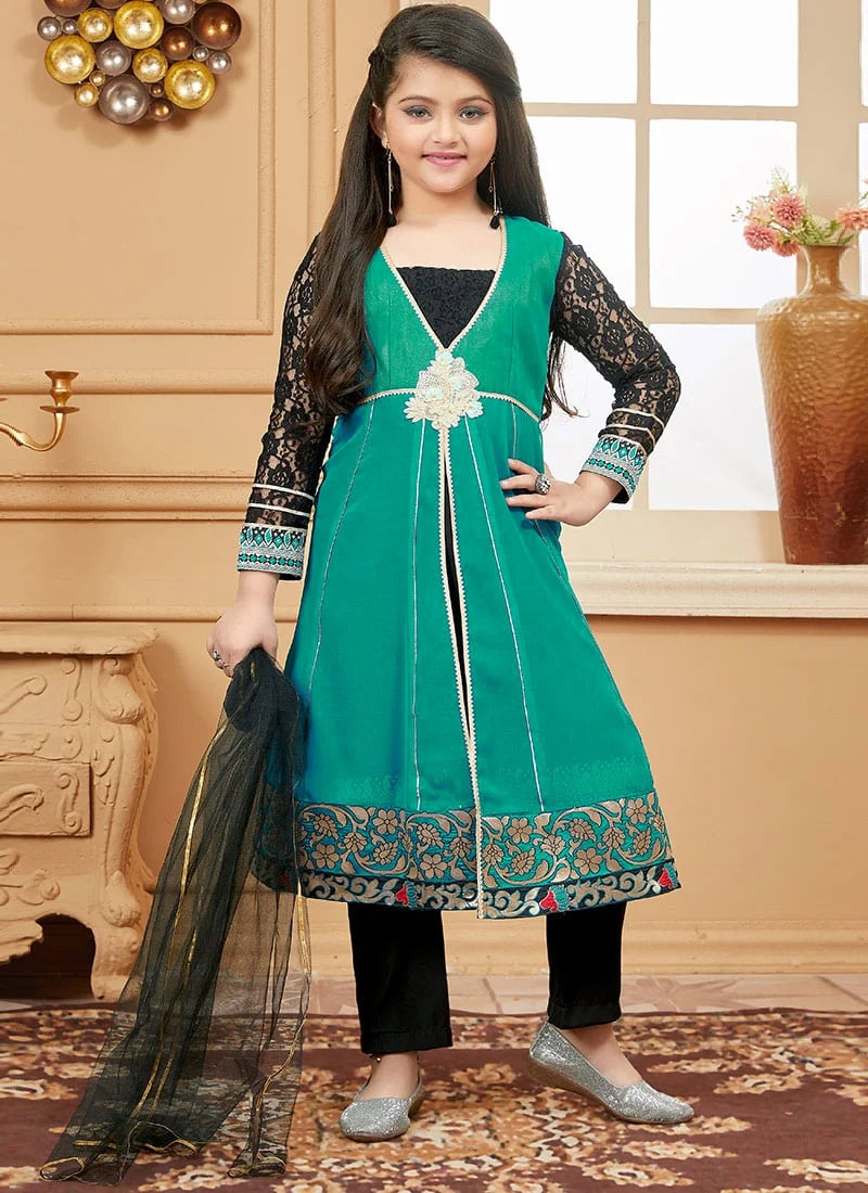 Teal Green Georgette Embroidered Girls Straight Pant Suit