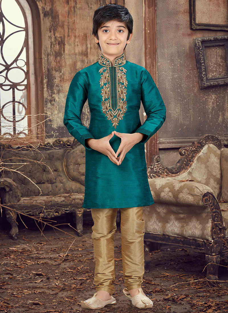 Teal Green Kids Embroidered Kurta Pyjama