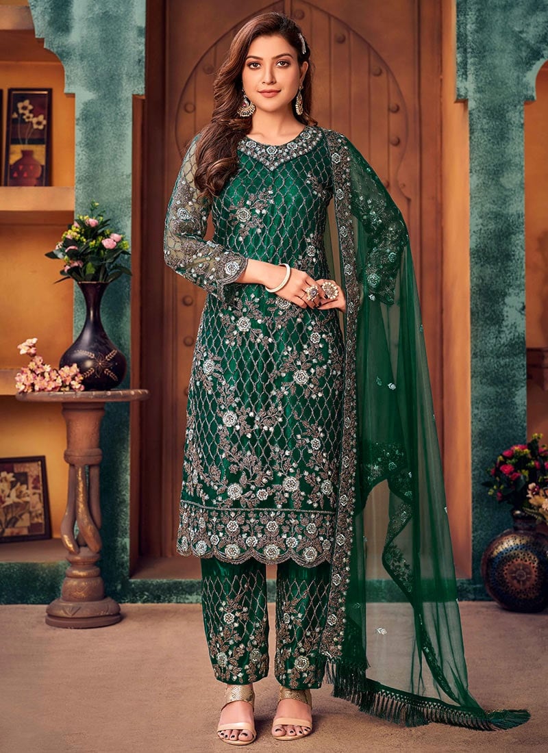 Teal Green Net Embroidered N Sequins Palazzo suit Festive Wear