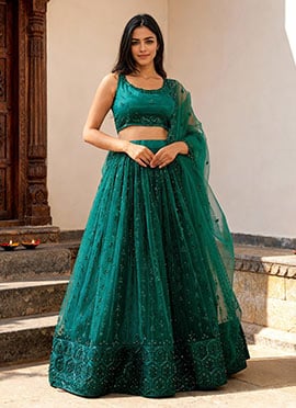 Teal Green Net Sequins Embroidered Lehenga  Wedding Wear