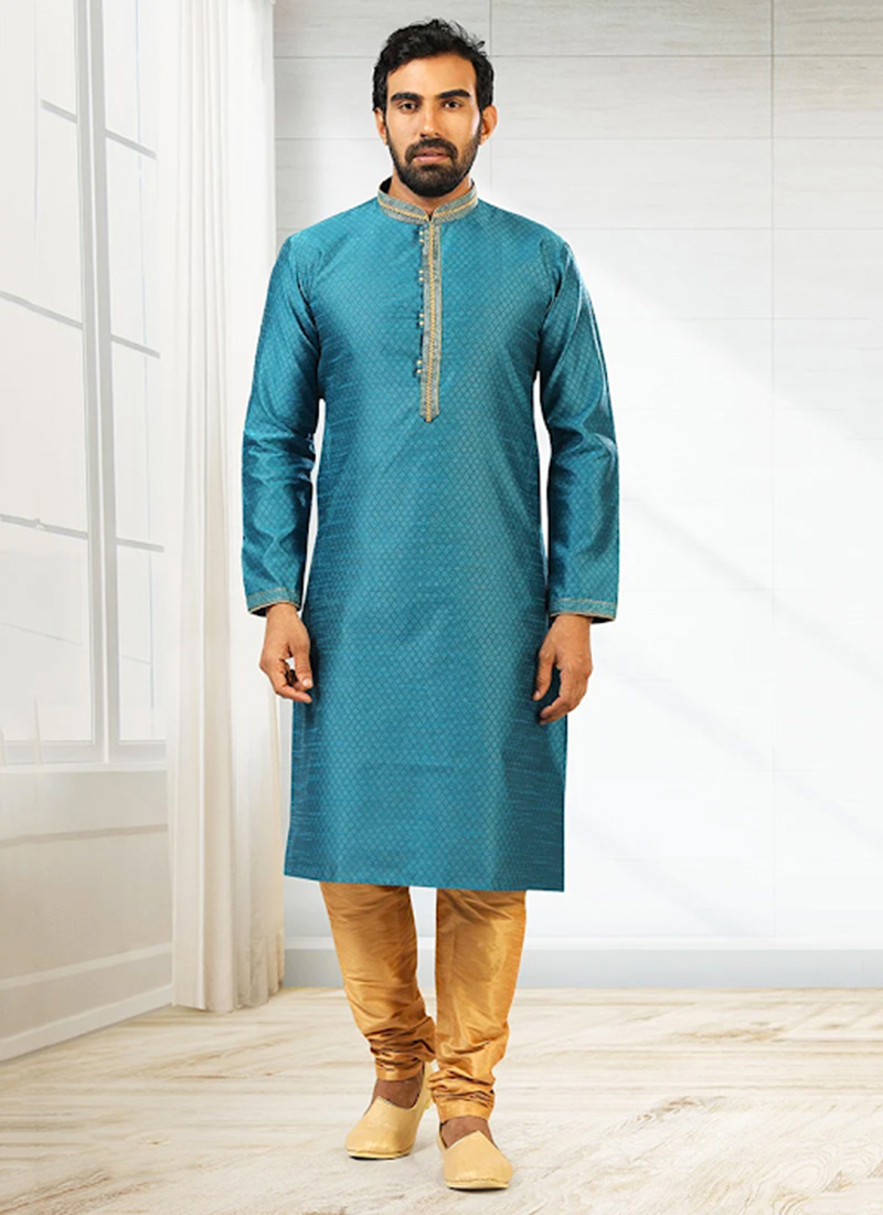 Teal Jacquard Silk Pintux Kurta Pyjama
