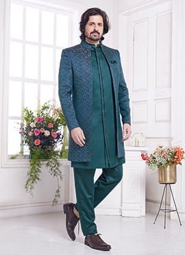 Teal Jacquard Silk Zari Embroidered Indowestern Jacket Sherwani Set