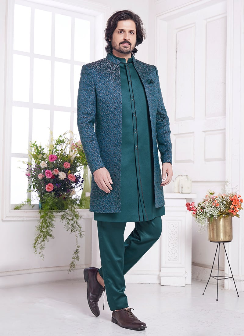 Teal Jacquard Silk Zari Embroidered Indowestern Jacket Sherwani Set Wedding Wear