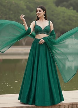 Teal Malai Satin Hand Embroidered Sequins Lehenga