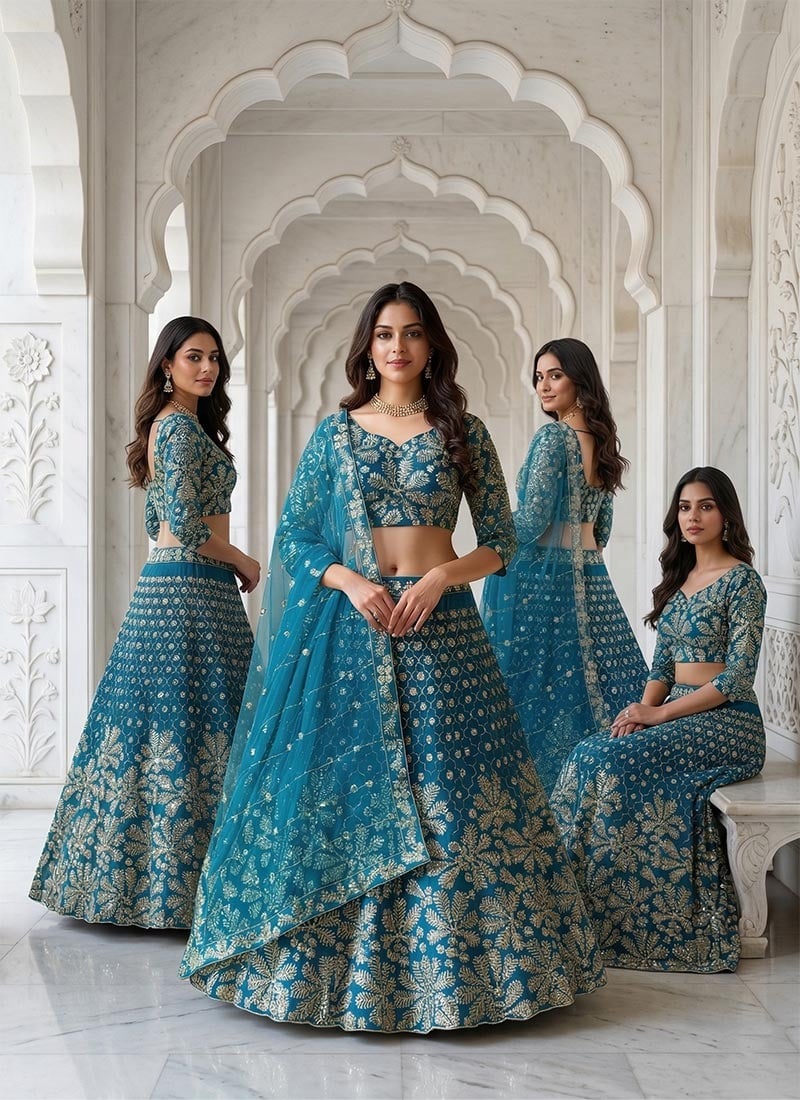 Teal Net Lehenga With Zari Embroidery And Sequins Work Wedding Wear