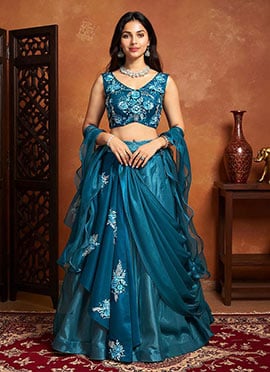 Teal Organza Diwali Umbrella Lehenga With Embroidery And Sequins