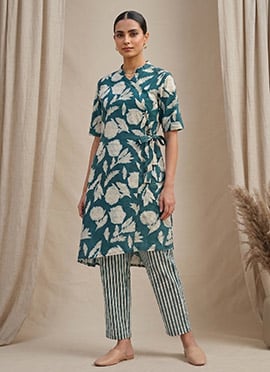 Teal Printed Cotton Wrap Style Kurta Set