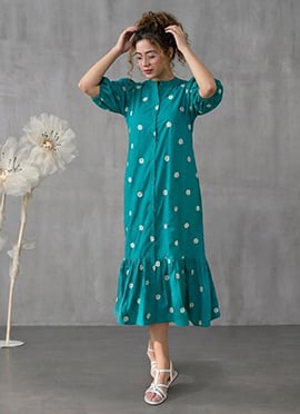 Teal Rayon Floral Embroidered Midi Dress