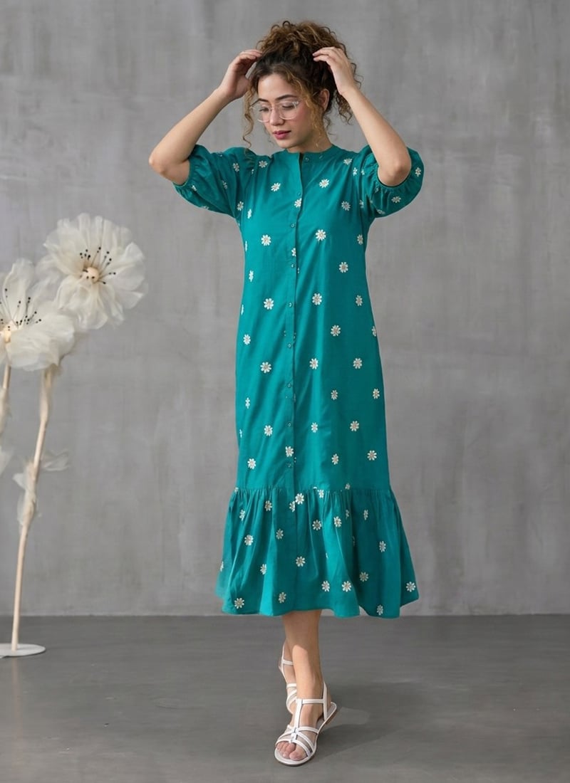 Teal Rayon Floral Embroidered Midi Dress After Six Wear