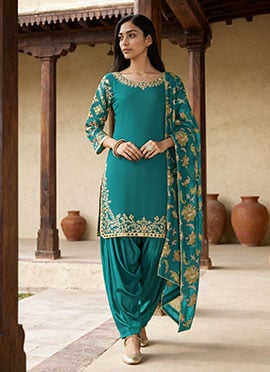 Teal Roman Silk Zari Embroidered Mirror Work Salwar Suit