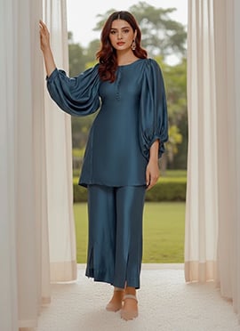 Teal Satin Silk IndoWestern Co Ord Set With Balloon Sleeve