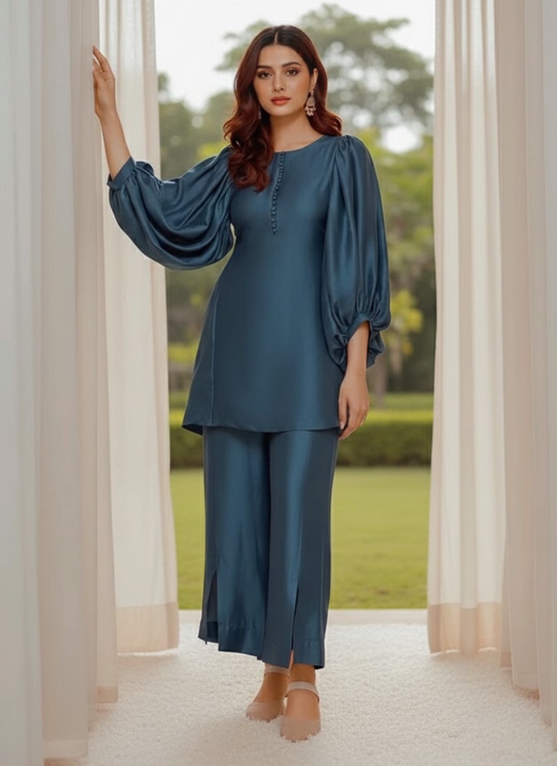 Teal Satin Silk IndoWestern Co Ord Set With Balloon Sleeve After Six Wear