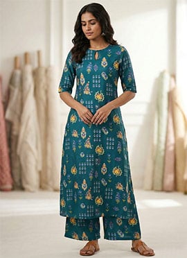 Teal Silk Cotton Printed Kurta Set