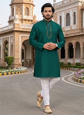Teal Silk Embroidered Kurta Pyjama