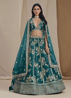 Teal Silk Embroidered Sequins Lehenga Wedding Wear