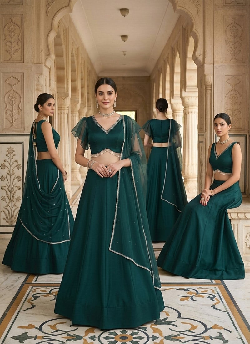 Teal Silk Moti Zari Embellished Lehenga Set Wedding Wear