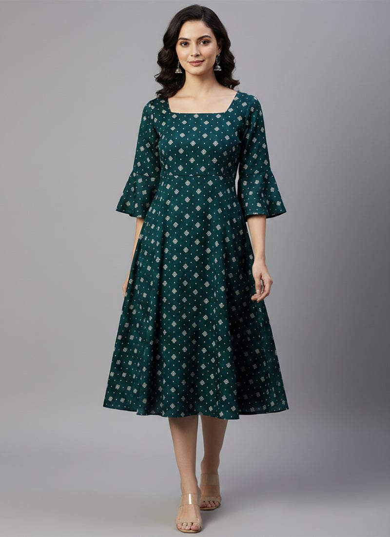 Teal Silk Printed Midi Dress After Six Wear