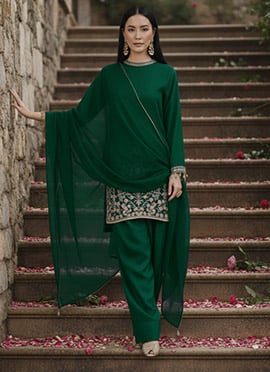 Teal Silk Zari Resham Sequins Farshi Style Salwar Suit