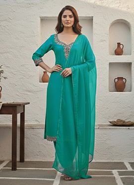 Teal Silk Zari Sequins Straight Pant Suit