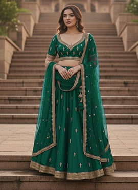 Teal Silk Zari Stones Detailed Umbrella Lehenga