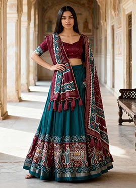 Teal Tussar Silk Zari Patola Print Umbrella Lehenga Festive Wear