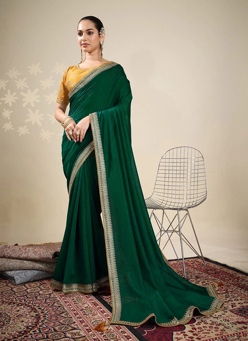 Teal Vichitra Silk Embroidered Zari Saree Festive Wear