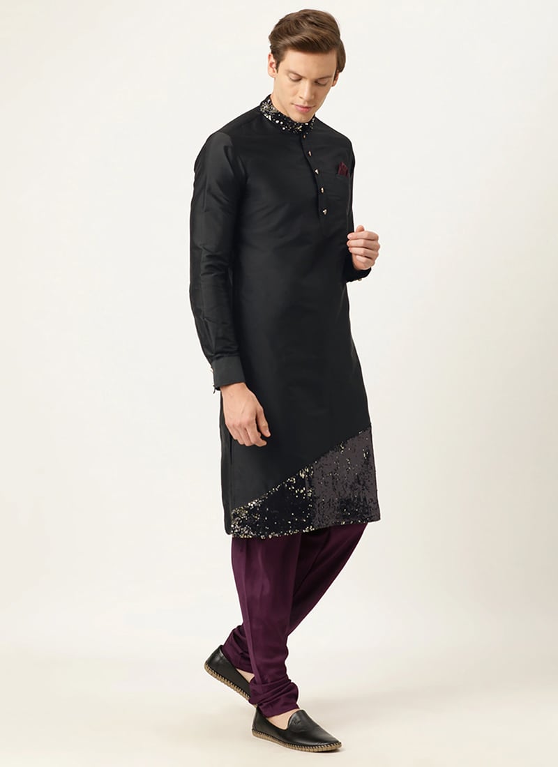 Teen Boys Black Embroidered Kurta Pyjama Party Wear